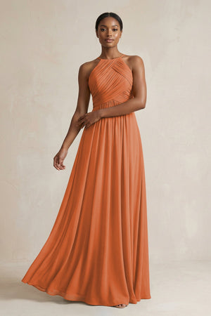 Halter Pleated Chiffon A - Line Bridesmaid Dress in Terracotta - KissProm Bridesmaid Dresses