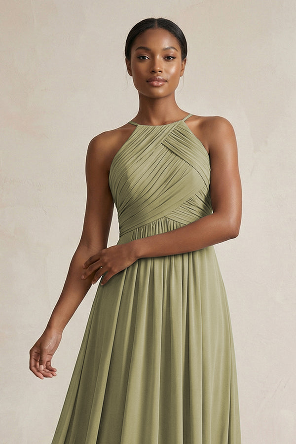 Halter Pleated Chiffon A - Line Bridesmaid Dress in Thyme - KissProm Bridesmaid Dresses