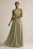 Halter Pleated Chiffon A - Line Bridesmaid Dress in Thyme - KissProm Bridesmaid Dresses