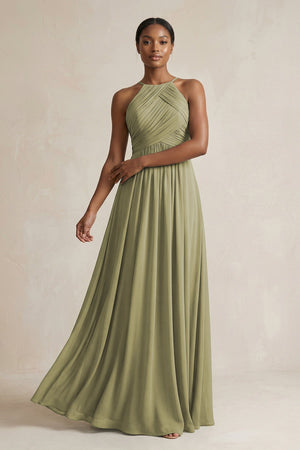 Halter Pleated Chiffon A - Line Bridesmaid Dress in Thyme - KissProm Bridesmaid Dresses