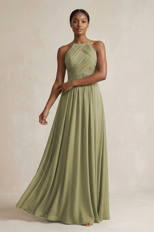 Halter Pleated Chiffon A - Line Bridesmaid Dress in Thyme - KissProm Bridesmaid Dresses