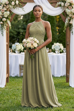 Halter Pleated Chiffon A - Line Bridesmaid Dress in Thyme - KissProm Bridesmaid Dresses