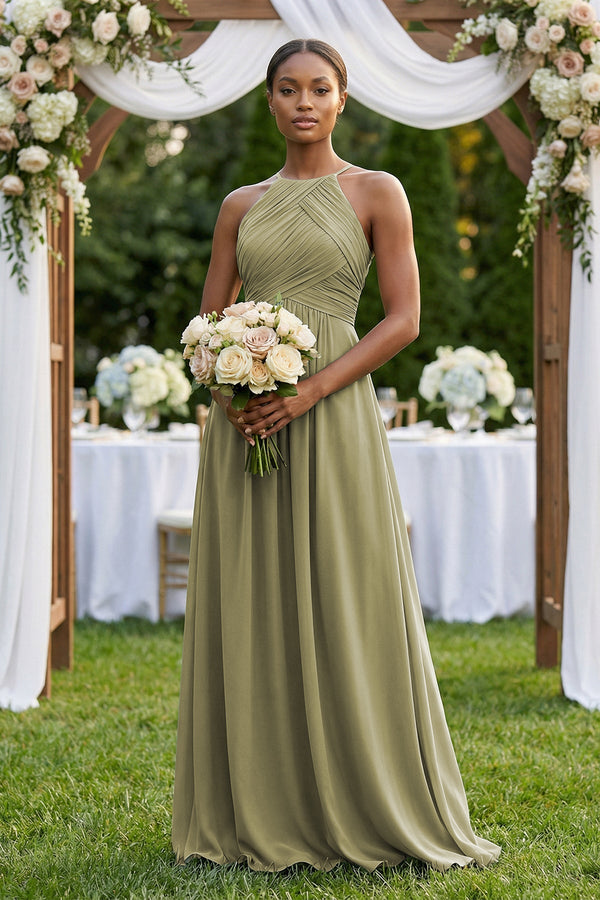 Halter Pleated Chiffon A - Line Bridesmaid Dress in Thyme - KissProm Bridesmaid Dresses