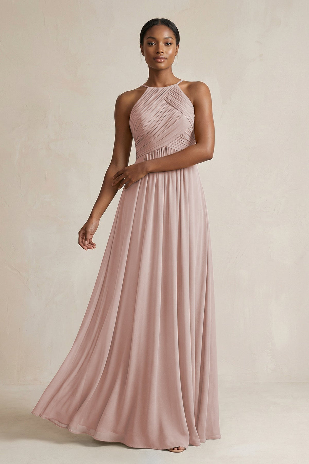 Halter Pleated Chiffon A - Line Bridesmaid Dress in Toffee - KissProm Bridesmaid Dresses