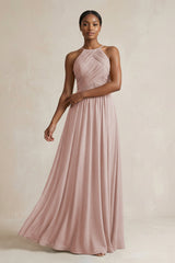 Halter Pleated Chiffon A - Line Bridesmaid Dress in Toffee - KissProm Bridesmaid Dresses