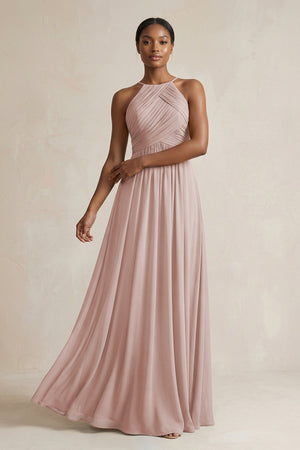 Halter Pleated Chiffon A - Line Bridesmaid Dress in Toffee - KissProm Bridesmaid Dresses