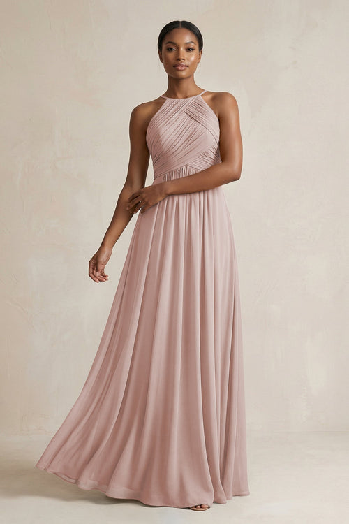 Halter Pleated Chiffon A - Line Bridesmaid Dress in Toffee - KissProm Bridesmaid Dresses