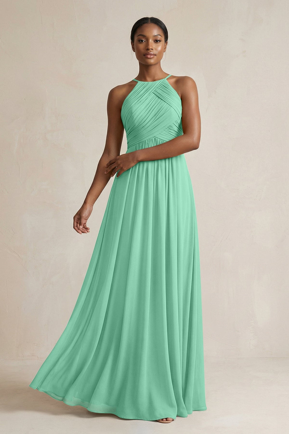 Halter Pleated Chiffon A - Line Bridesmaid Dress in Turquoise - KissProm Bridesmaid Dresses