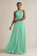 Halter Pleated Chiffon A - Line Bridesmaid Dress in Turquoise - KissProm Bridesmaid Dresses
