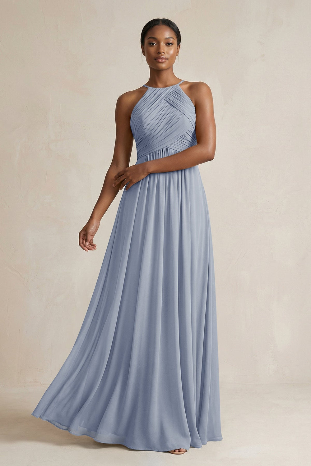 Halter Pleated Chiffon A - Line Bridesmaid Dress in Twilight - KissProm Bridesmaid Dresses