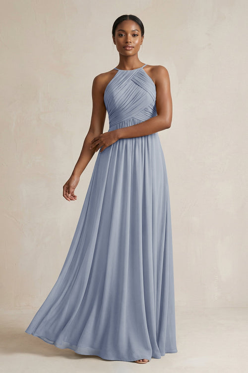 Halter Pleated Chiffon A - Line Bridesmaid Dress in Twilight - KissProm Bridesmaid Dresses