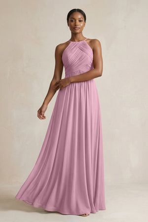 Halter Pleated Chiffon A - Line Bridesmaid Dress in Vintage Mauve - KissProm Bridesmaid Dresses