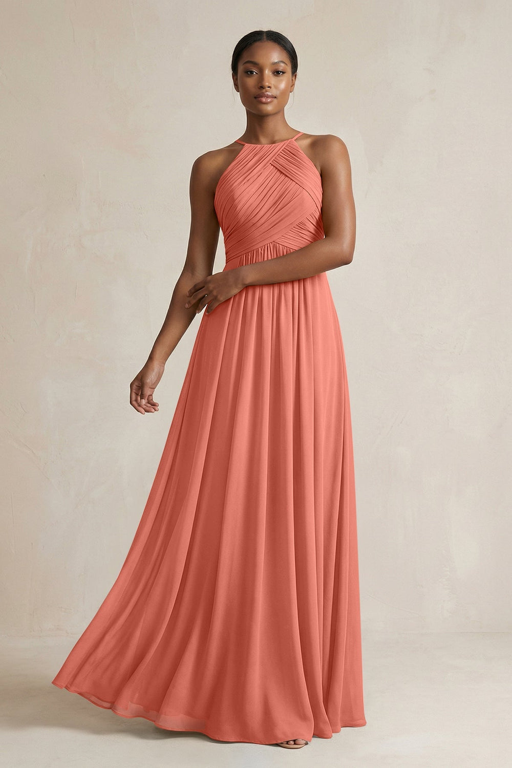 Halter Pleated Chiffon A - Line Bridesmaid Dress in Wild Rose - KissProm Bridesmaid Dresses