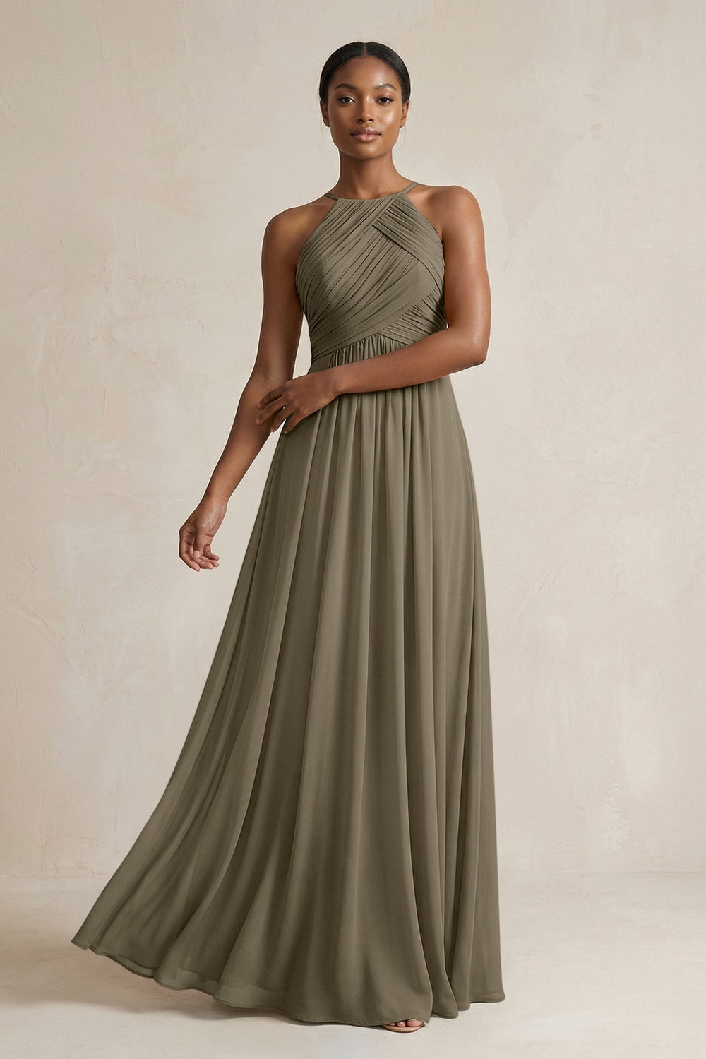 Halter Pleated Chiffon A - Line Bridesmaid Dress in Willow Green - KissProm Bridesmaid Dresses