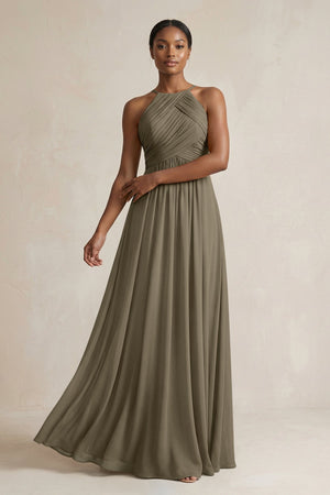 Halter Pleated Chiffon A - Line Bridesmaid Dress in Willow Green - KissProm Bridesmaid Dresses