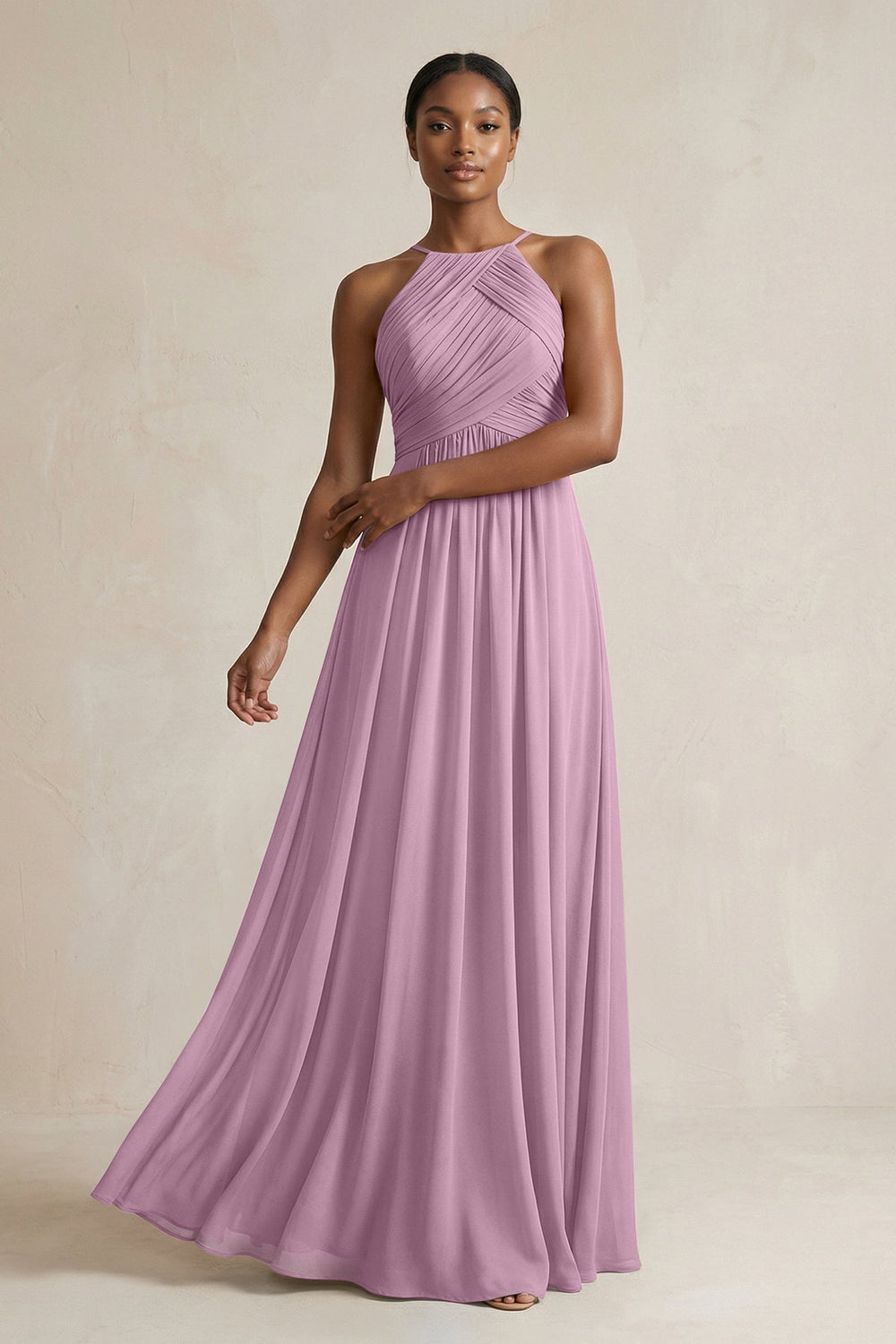 Halter Pleated Chiffon A - Line Bridesmaid Dress in Wisteria - KissProm Bridesmaid Dresses