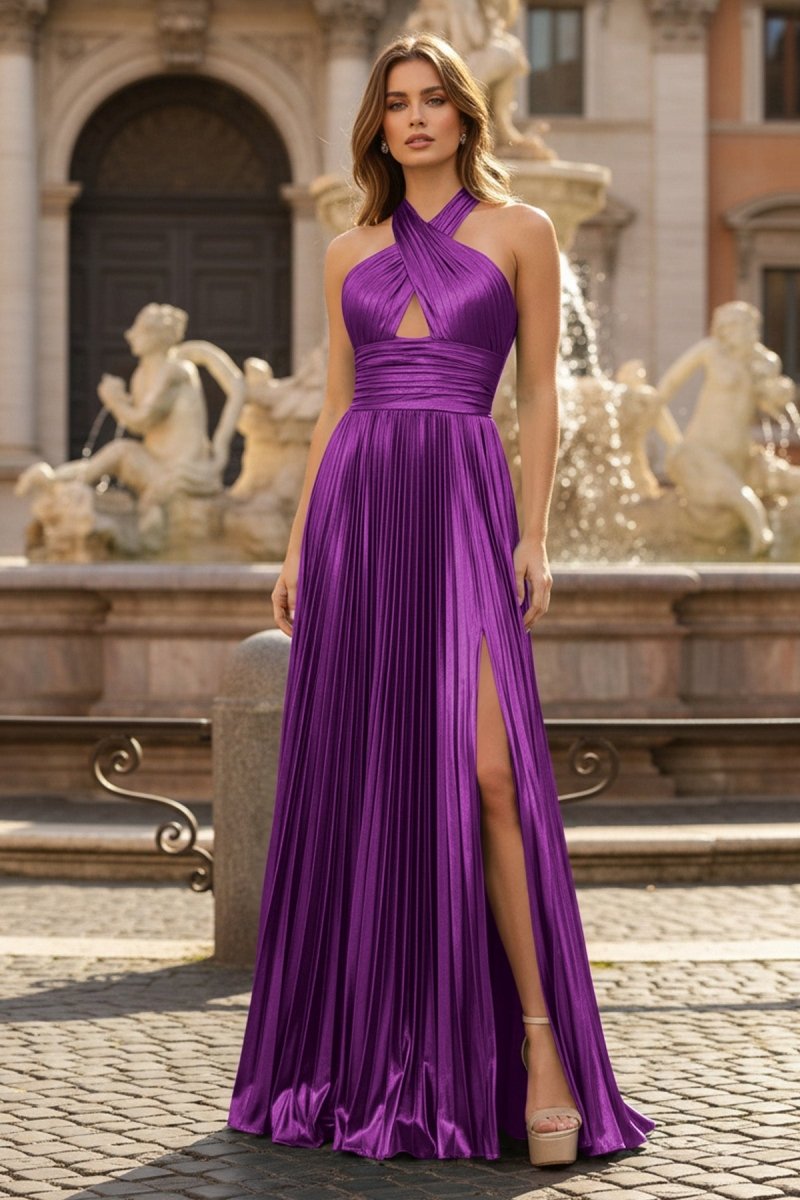 fitted lace wedding dress Peacock Blue Halter Neck A-Line Long Prom Dress with Split Purple / 16