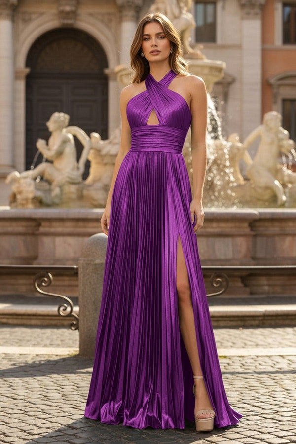 Peacock Blue Halter Neck A-Line Long Prom Dress With Split