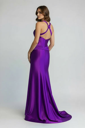 KissProm-Veda Purple Satin Mermaid Slit Prom Dress with Criss Cross Neck
