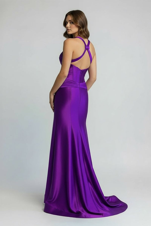 KissProm-Veda Purple Satin Mermaid Slit Prom Dress with Criss Cross Neck