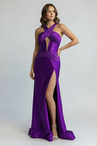 KissProm-Veda Purple Satin Mermaid Slit Prom Dress with Criss Cross Neck