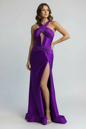 KissProm-Veda Purple Satin Mermaid Slit Prom Dress with Criss Cross Neck