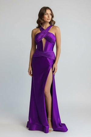 KissProm-Veda Purple Satin Mermaid Slit Prom Dress with Criss Cross Neck