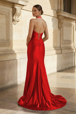Navy Halter Corset Mermaid Ruched Long Formal Dress with Slit - KISSPROM PROM DRESSES
