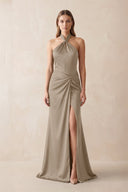 Halter Ruched Sheath Satin Bridesmaid Dress in Almond - KissProm Bridesmaid Dresses