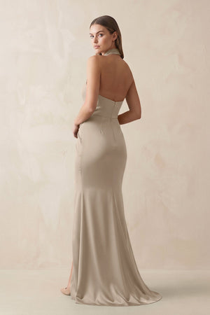 Halter Ruched Sheath Satin Bridesmaid Dress in Almond - KissProm Bridesmaid Dresses