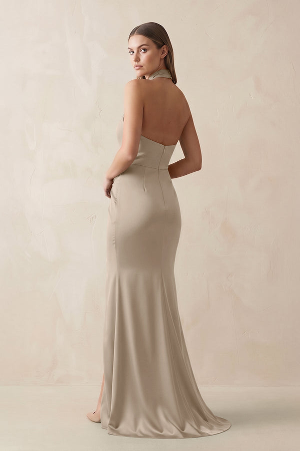 Halter Ruched Sheath Satin Bridesmaid Dress in Almond - KissProm Bridesmaid Dresses
