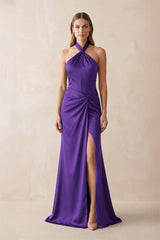 Halter Ruched Sheath Satin Bridesmaid Dress in Amethyst - KissProm Bridesmaid Dresses