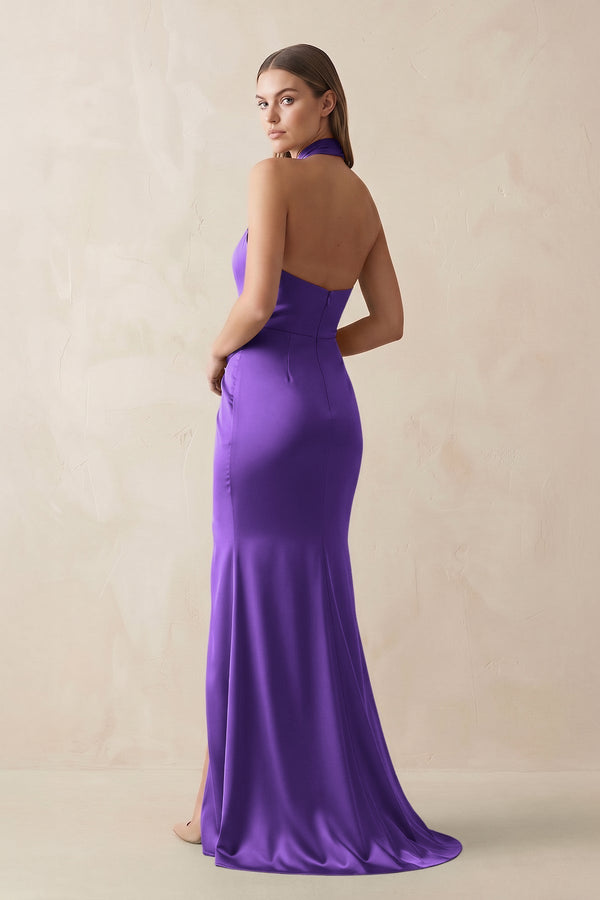 Halter Ruched Sheath Satin Bridesmaid Dress in Amethyst - KissProm Bridesmaid Dresses