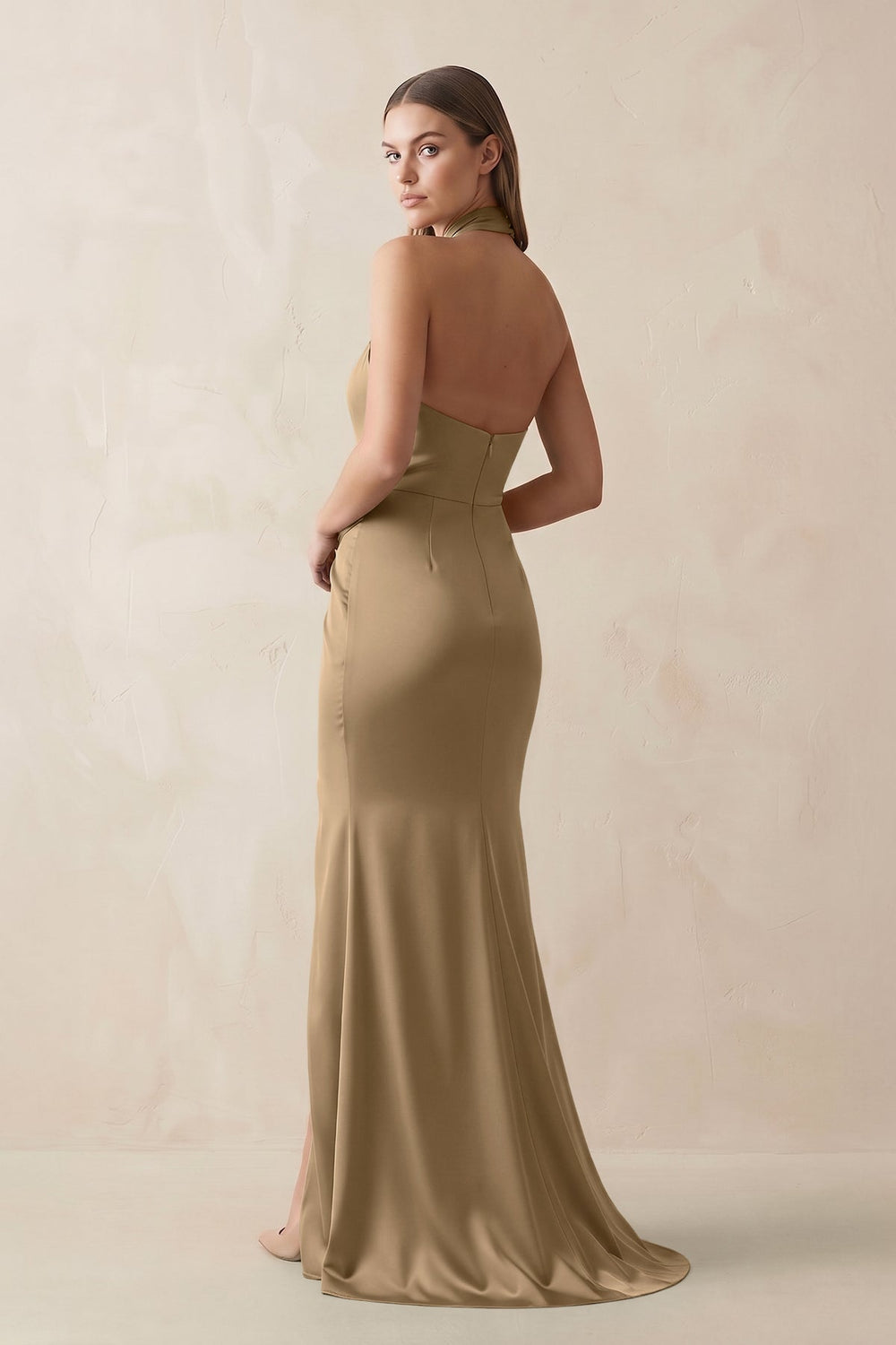 Halter Ruched Sheath Satin Bridesmaid Dress in Apple Cinnamon - KissProm Bridesmaid Dresses