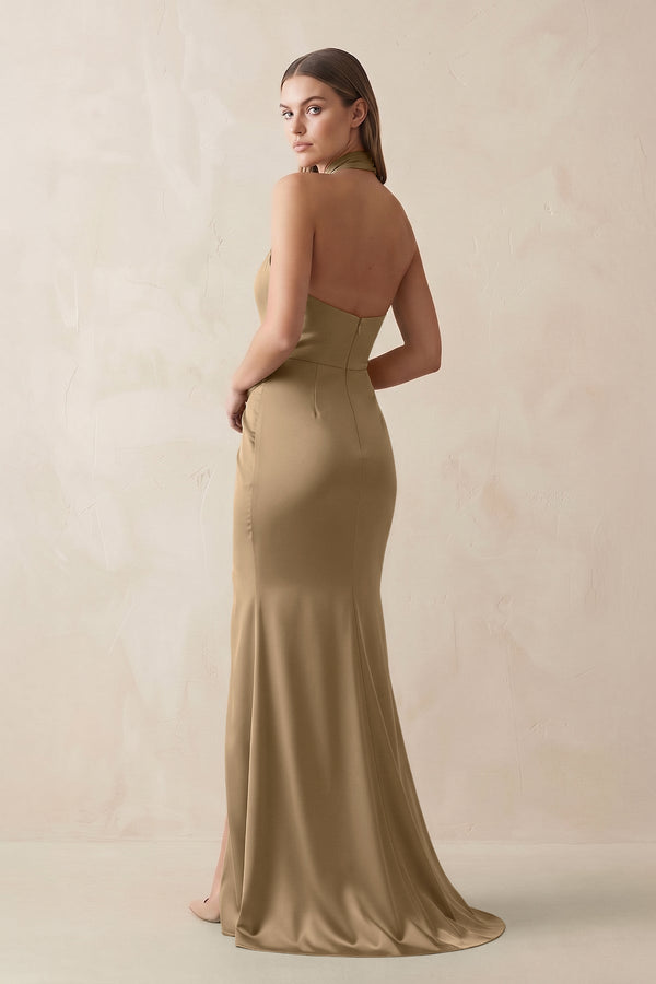 Halter Ruched Sheath Satin Bridesmaid Dress in Apple Cinnamon - KissProm Bridesmaid Dresses