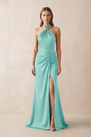 Halter Ruched Sheath Satin Bridesmaid Dress in Aqua - KissProm Bridesmaid Dresses