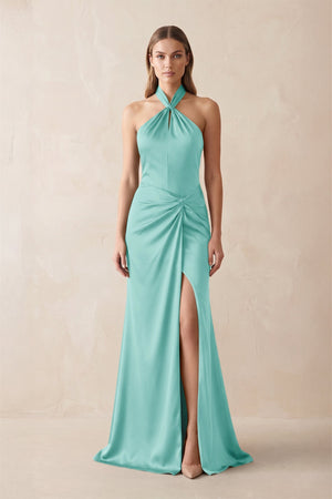 Halter Ruched Sheath Satin Bridesmaid Dress in Aqua - KissProm Bridesmaid Dresses