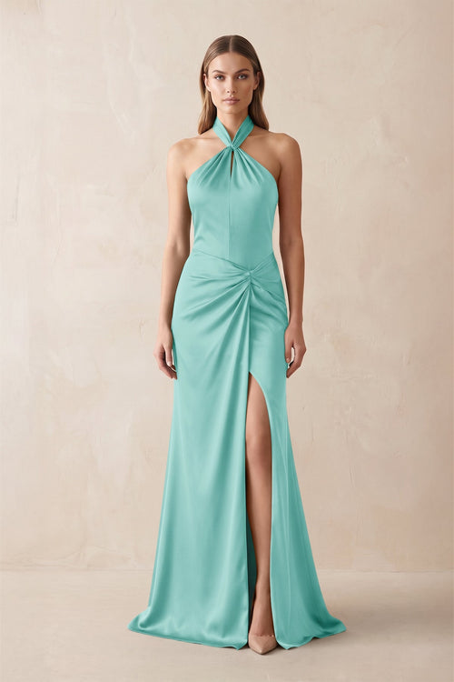 Halter Ruched Sheath Satin Bridesmaid Dress in Aqua - KissProm Bridesmaid Dresses