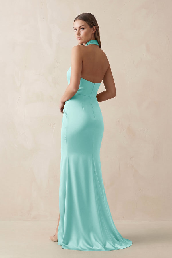 Halter Ruched Sheath Satin Bridesmaid Dress in Aqua - KissProm Bridesmaid Dresses