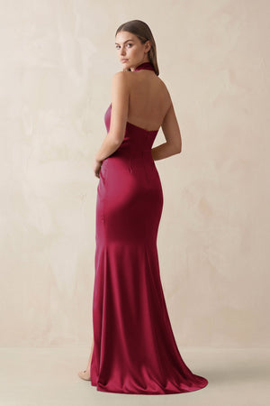 Halter Ruched Sheath Satin Bridesmaid Dress in Berry - KissProm Bridesmaid Dresses
