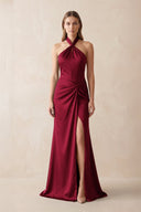 Halter Ruched Sheath Satin Bridesmaid Dress in Berry - KissProm Bridesmaid Dresses