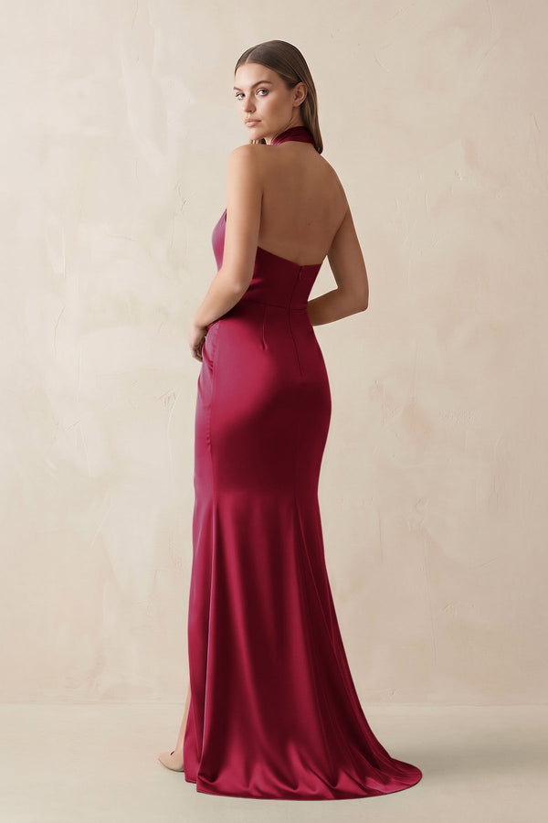 Halter Ruched Sheath Satin Bridesmaid Dress in Berry - KissProm Bridesmaid Dresses