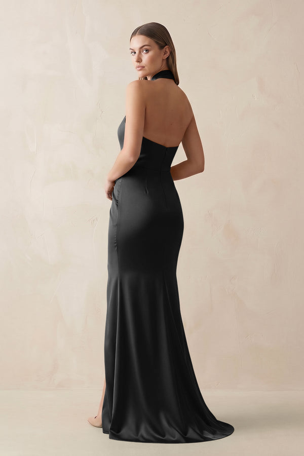 Halter Ruched Sheath Satin Bridesmaid Dress in Black - KissProm Bridesmaid Dresses