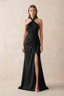 Halter Ruched Sheath Satin Bridesmaid Dress in Black - KissProm Bridesmaid Dresses