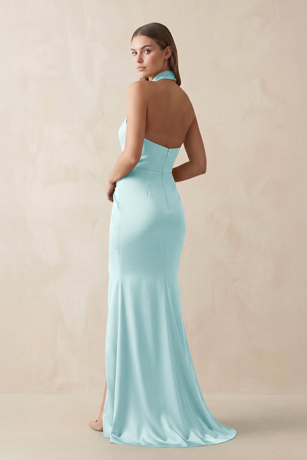 Halter Ruched Sheath Satin Bridesmaid Dress in Bleached Aqua - KissProm Bridesmaid Dresses