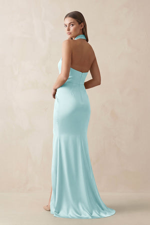 Halter Ruched Sheath Satin Bridesmaid Dress in Bleached Aqua - KissProm Bridesmaid Dresses