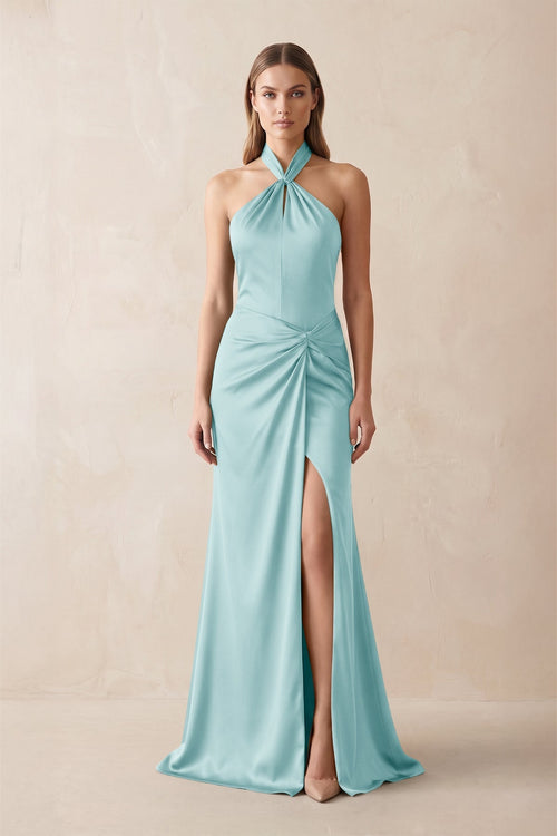 Halter Ruched Sheath Satin Bridesmaid Dress in Bleached Aqua - KissProm Bridesmaid Dresses