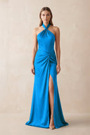 Halter Ruched Sheath Satin Bridesmaid Dress in Blue Jay - KissProm Bridesmaid Dresses