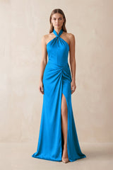 Halter Ruched Sheath Satin Bridesmaid Dress in Blue Jay - KissProm Bridesmaid Dresses