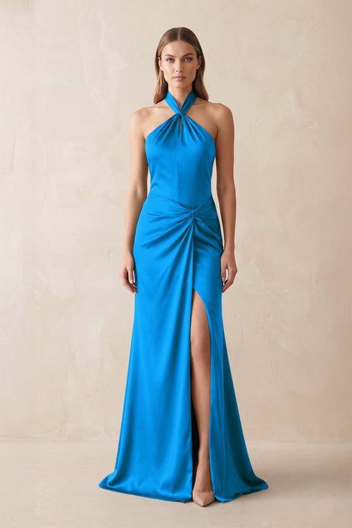 Halter Ruched Sheath Satin Bridesmaid Dress in Blue Jay - KissProm Bridesmaid Dresses